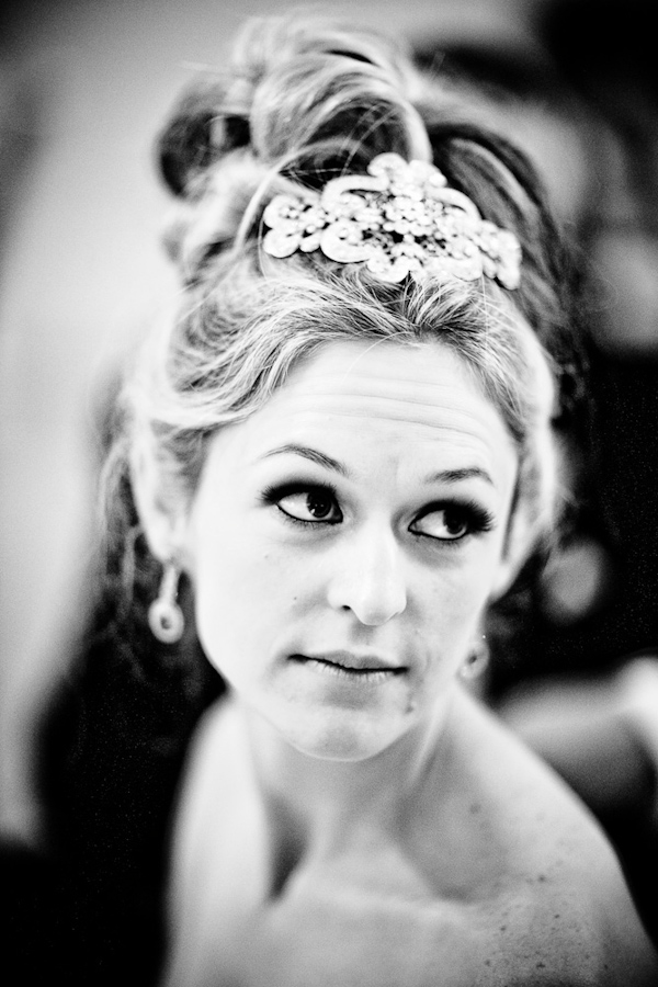 black and white photo of the beautiful bride wearing her hair in an updo with a jeweled hairpiece - photo by New Mexico based wedding photographers Twin Lens
